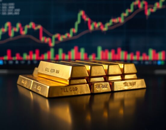 Gold bullion bars on a reflective surface with financial charts in the background