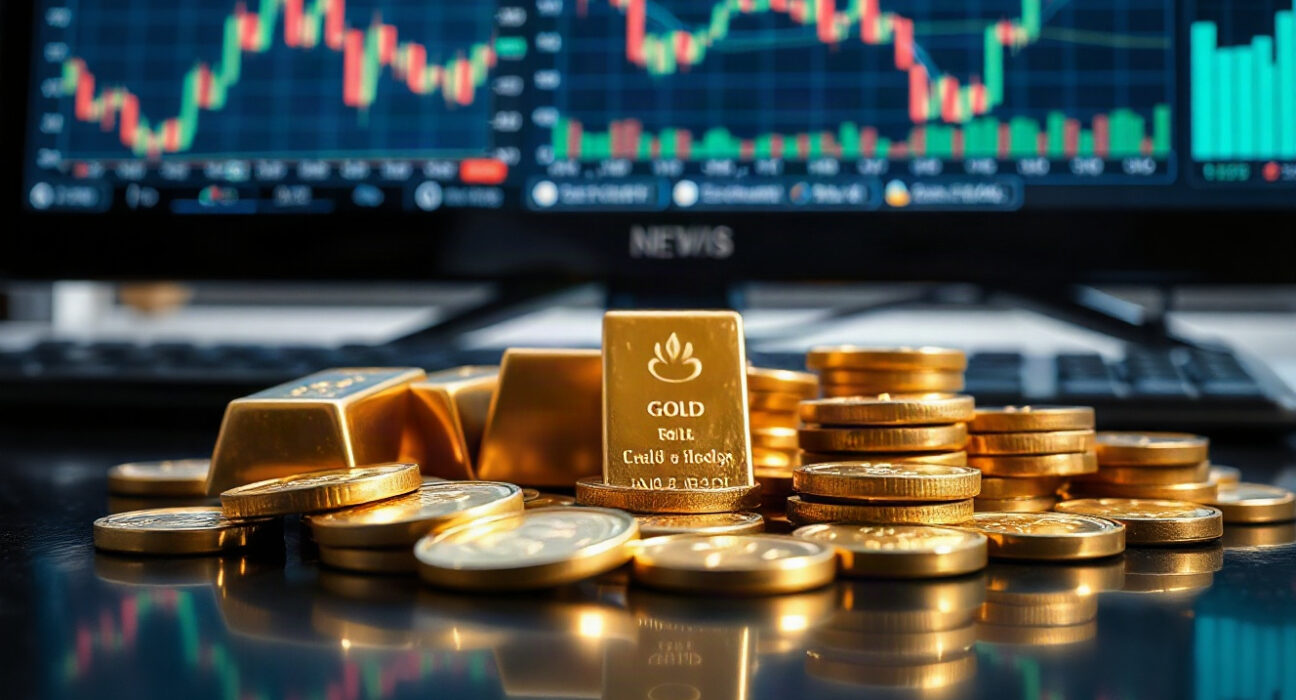 Gold bars and coins on a dark surface with financial charts in the background, representing market movements.