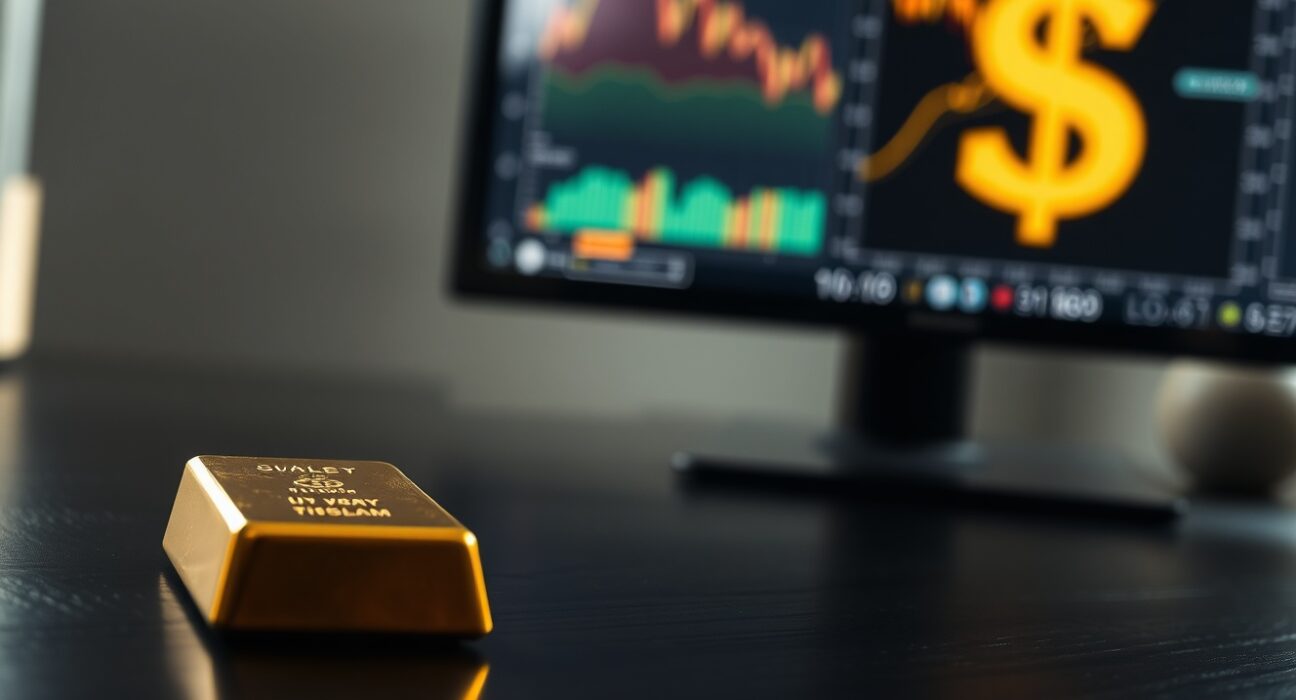 Gold bar on wooden surface with financial charts and US dollar symbol in background