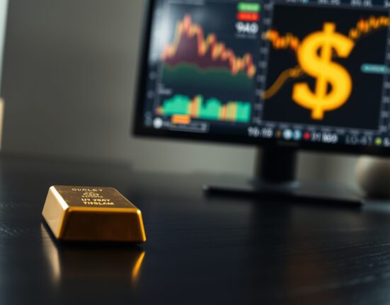 Gold bar on wooden surface with financial charts and US dollar symbol in background