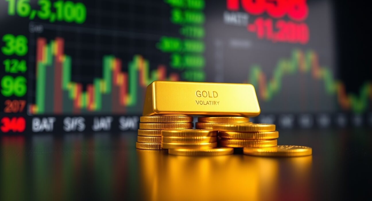 Close-up of gold bars and coins on a reflective surface with a blurred financial market display in the background.