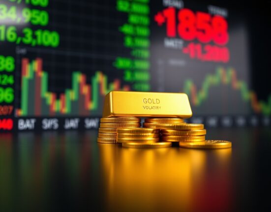Close-up of gold bars and coins on a reflective surface with a blurred financial market display in the background.