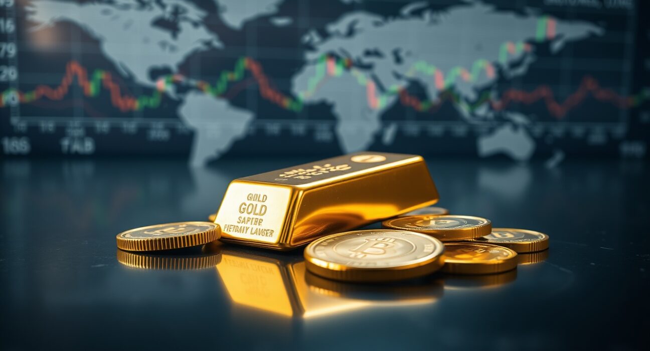 Gold bars and coins on a dark surface with financial charts in the background