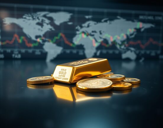 Gold bars and coins on a dark surface with financial charts in the background