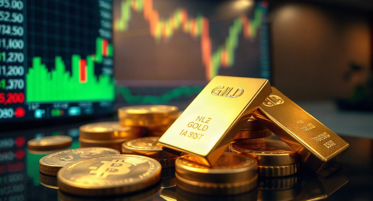 Gold bars and coins with a stock market chart in the background