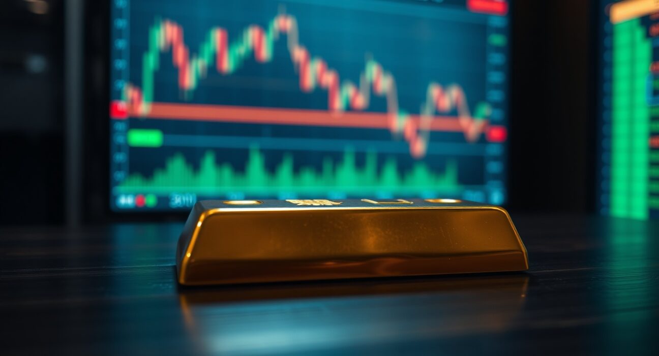 Gold bar on wooden surface with blurred financial data display in background