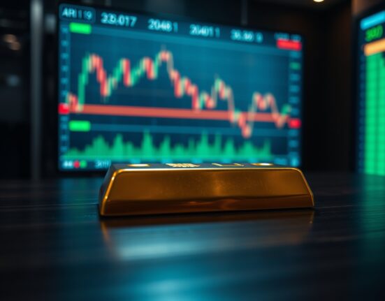Gold bar on wooden surface with blurred financial data display in background