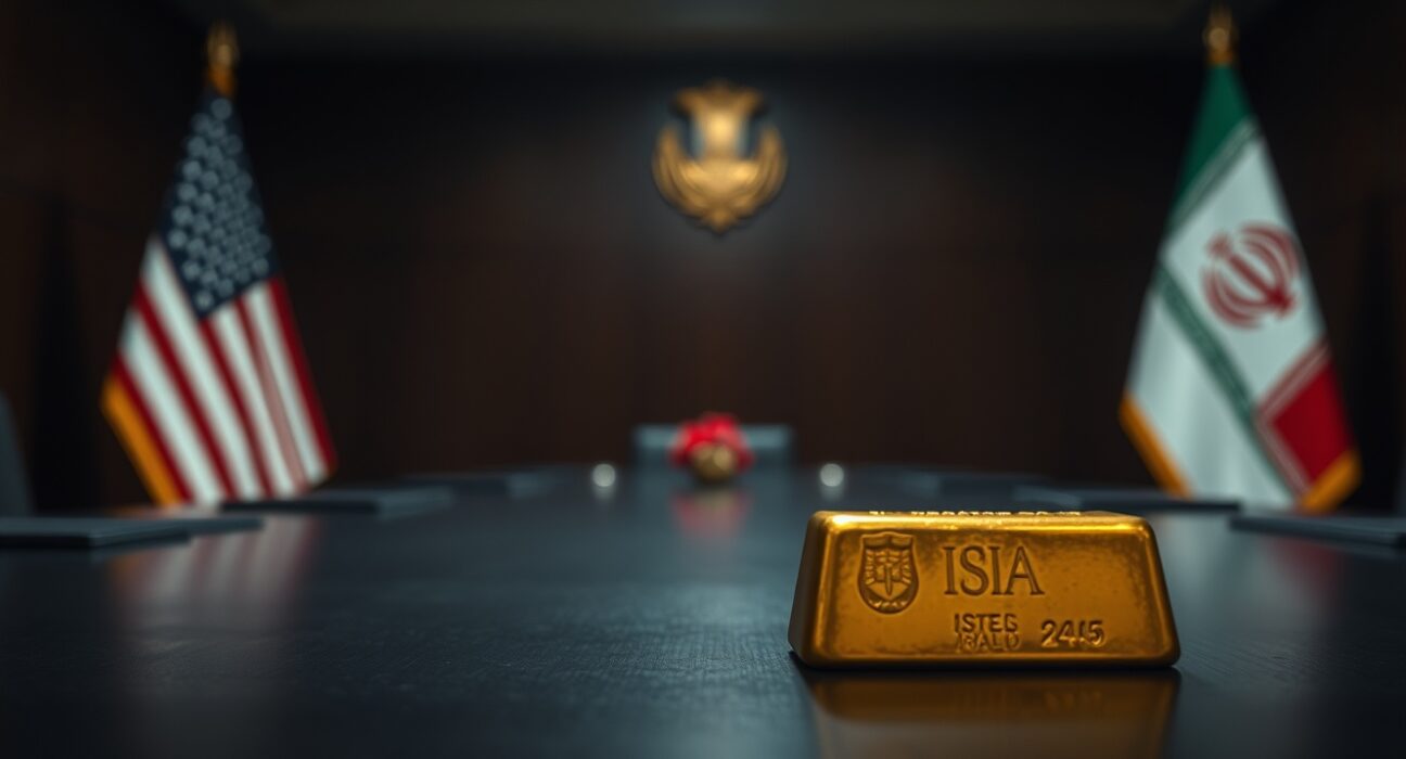 Gold bar on reflective surface with blurred US and Iranian flags in background, representing geopolitical tensions affecting gold prices.