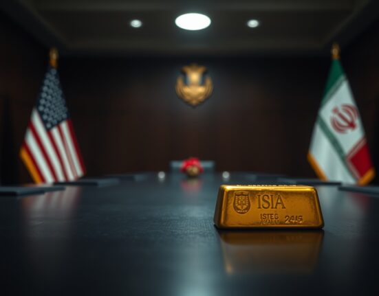 Gold bar on reflective surface with blurred US and Iranian flags in background, representing geopolitical tensions affecting gold prices.
