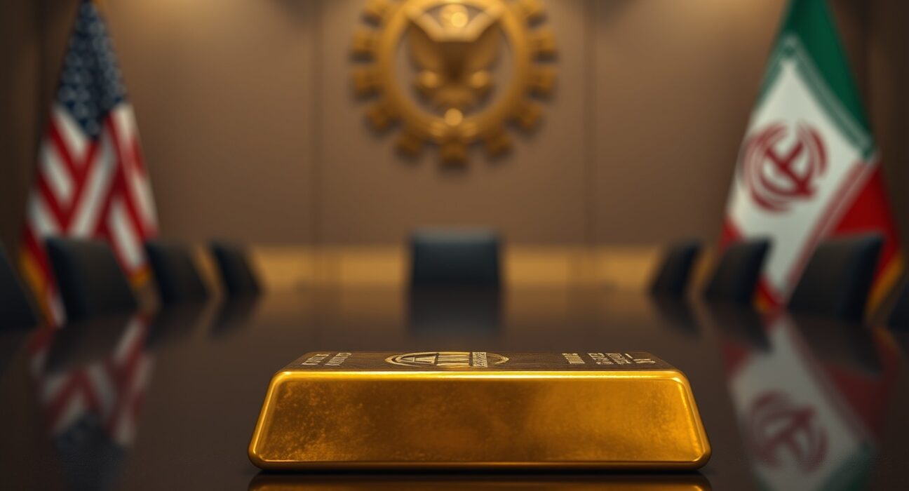 Gold bar on reflective surface with blurred US and Iran flags in background representing geopolitical tensions