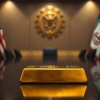 Gold bar on reflective surface with blurred US and Iran flags in background representing geopolitical tensions
