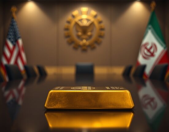 Gold bar on reflective surface with blurred US and Iran flags in background representing geopolitical tensions