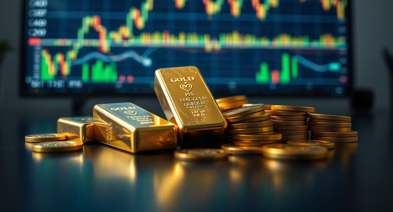 Gold bars and coins with a financial chart in the background, reflecting market reactions to inflation data.