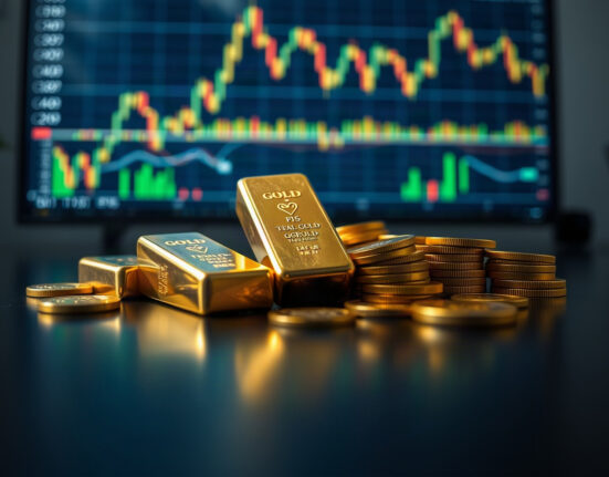 Gold bars and coins with a financial chart in the background, reflecting market reactions to inflation data.