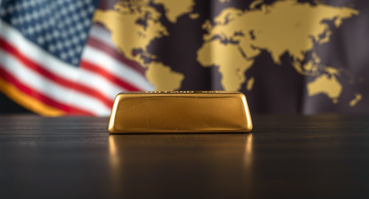 Gold bar on dark wood with US flag and world map in background, representing safe-haven asset and currency market dynamics.