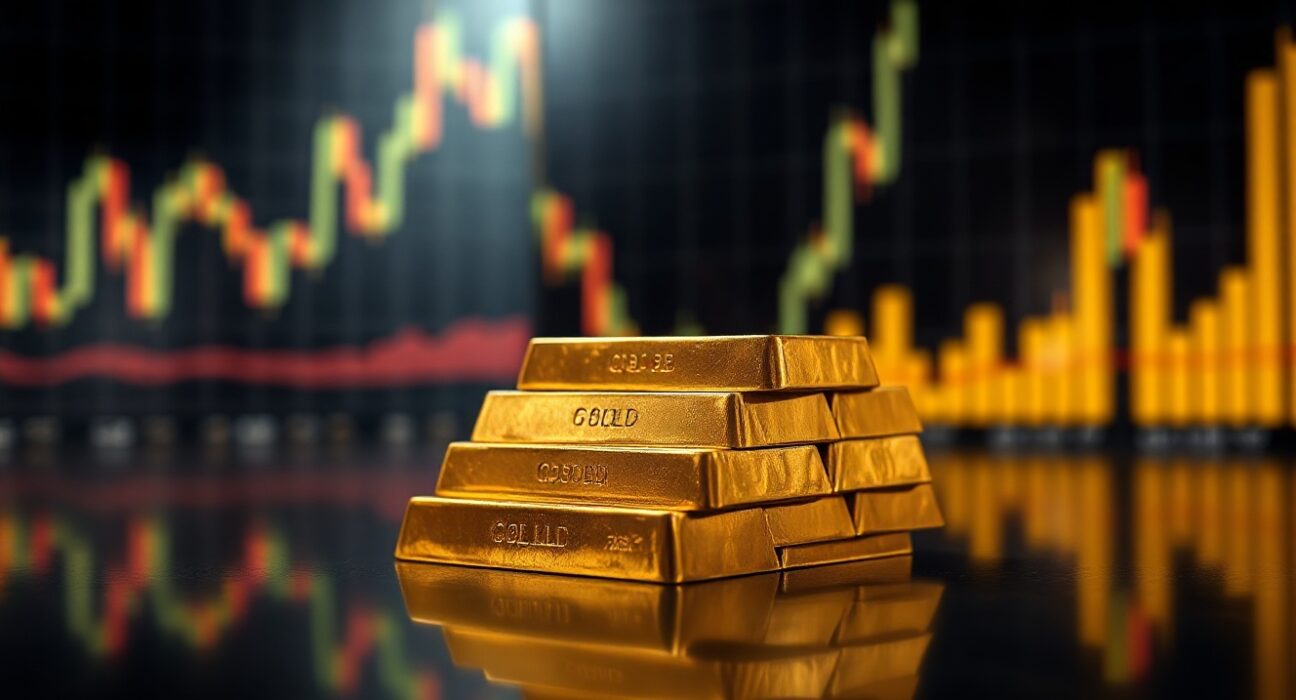 Gold bullion bars with a financial chart in the background, symbolizing market movements