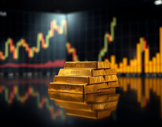 Gold bullion bars with a financial chart in the background, symbolizing market movements