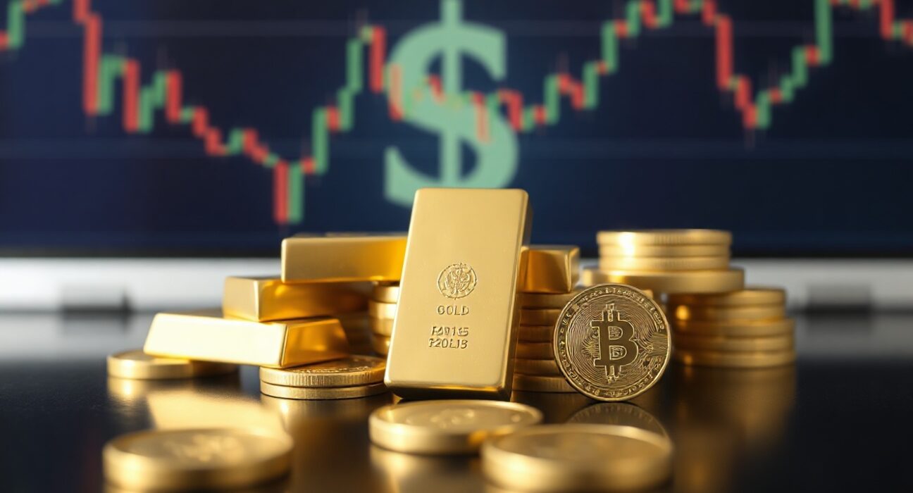 Gold bullion bars and coins on a reflective surface with financial charts in the background