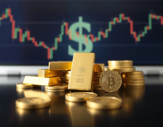 Gold bullion bars and coins on a reflective surface with financial charts in the background
