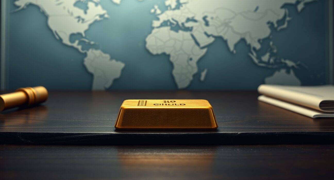 Gold bullion bar on dark wood with diplomatic background