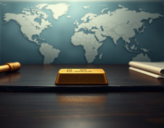 Gold bullion bar on dark wood with diplomatic background