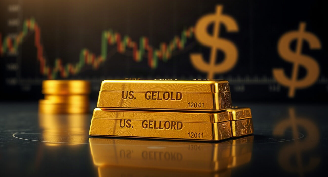 Gold bars stacked on a reflective surface with financial charts in the background