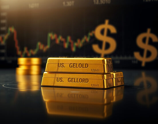 Gold bars stacked on a reflective surface with financial charts in the background