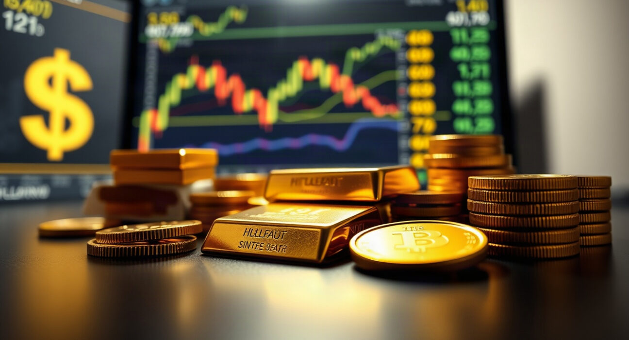 Gold bars and coins with financial charts in background, representing market reaction to Fed policy