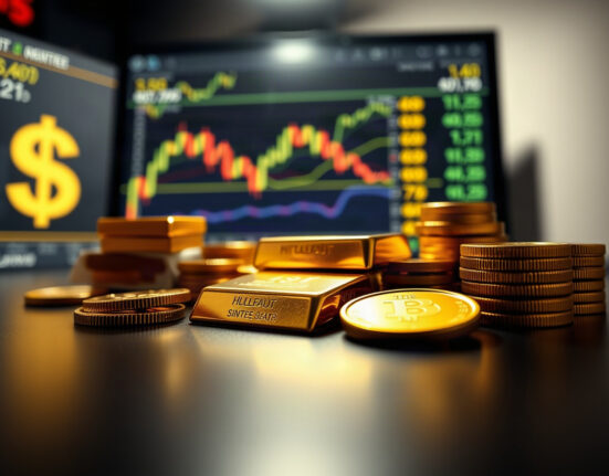 Gold bars and coins with financial charts in background, representing market reaction to Fed policy