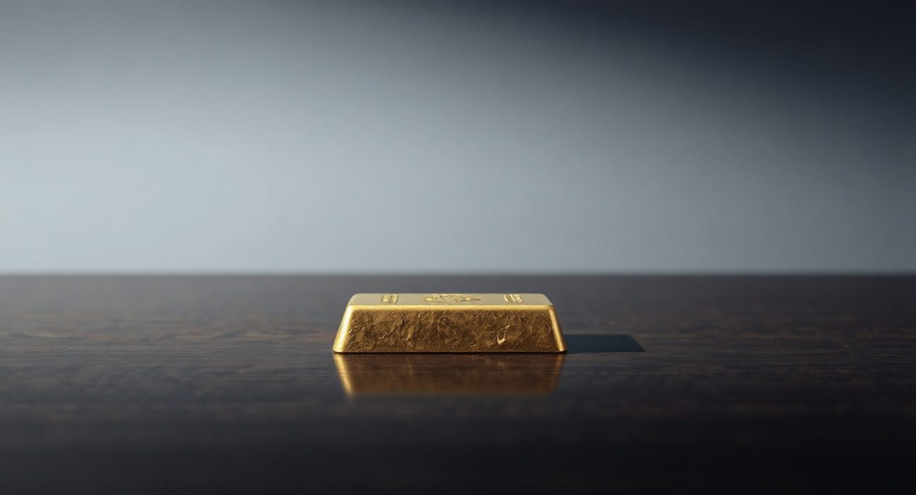 A single gold bar on a dark wooden surface, representing gold market forecasts.