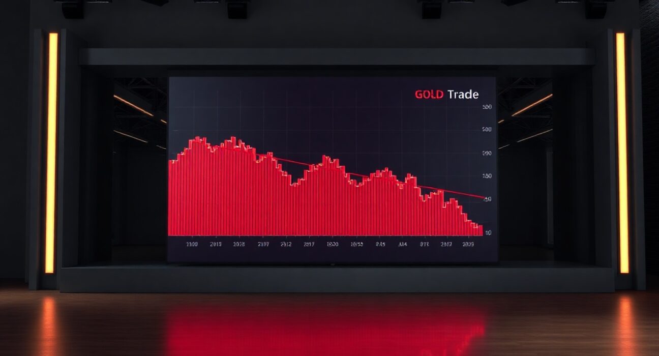 Digital trading screen showing a declining gold price chart in a financial news studio