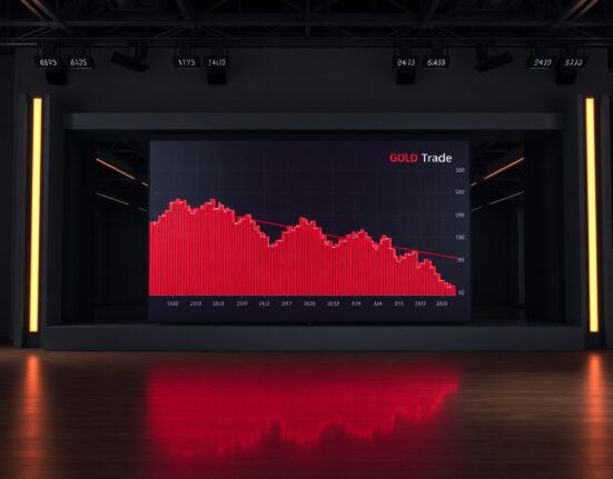 Digital trading screen showing a declining gold price chart in a financial news studio