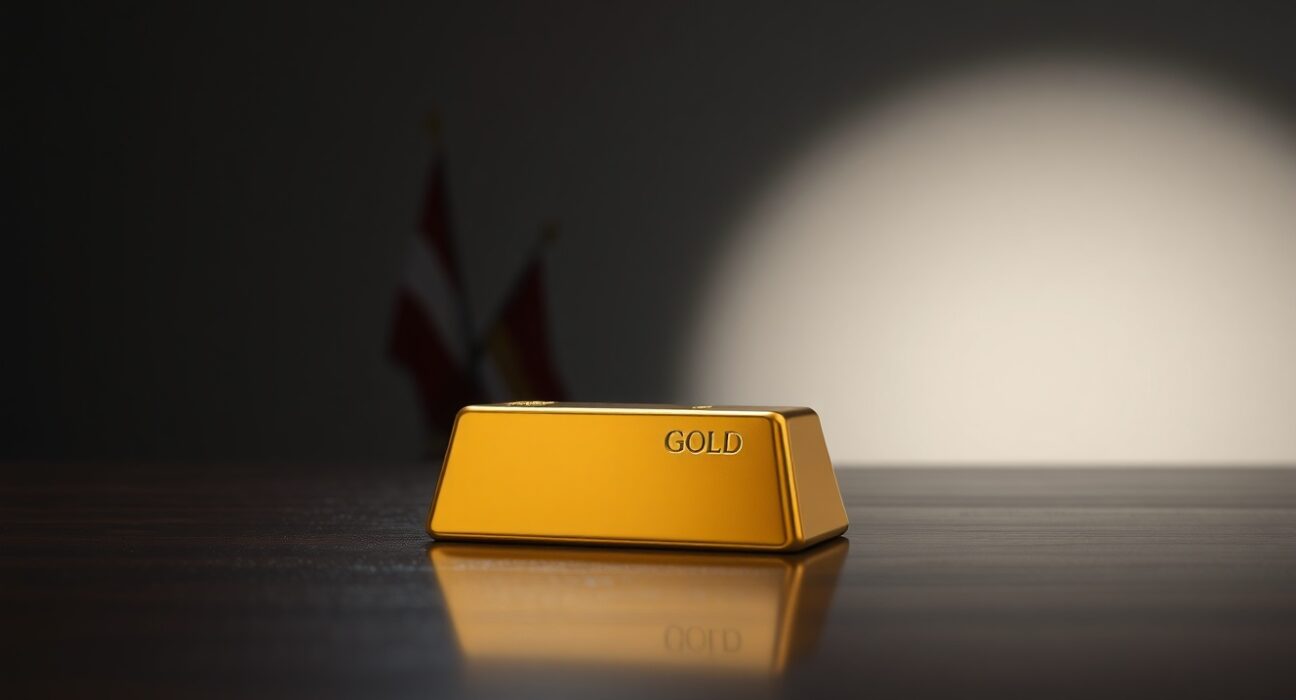 Gold bar on dark surface with soft lighting, representing price decline amid geopolitical news