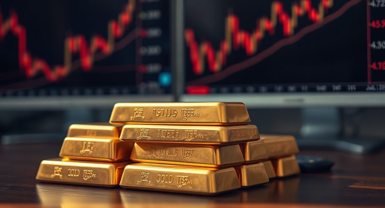 Gold bullion bars on a table with financial charts showing price decline in the background