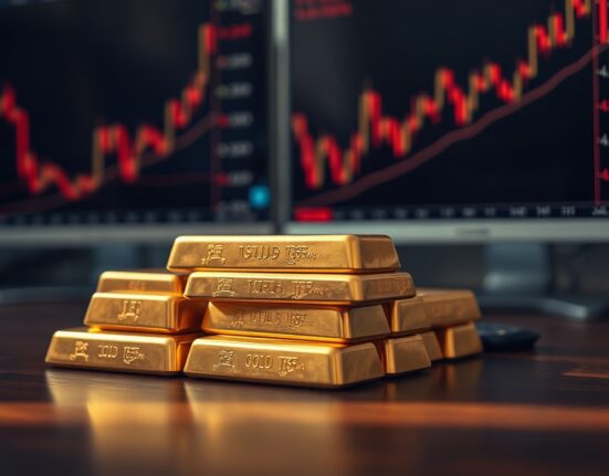 Gold bullion bars on a table with financial charts showing price decline in the background