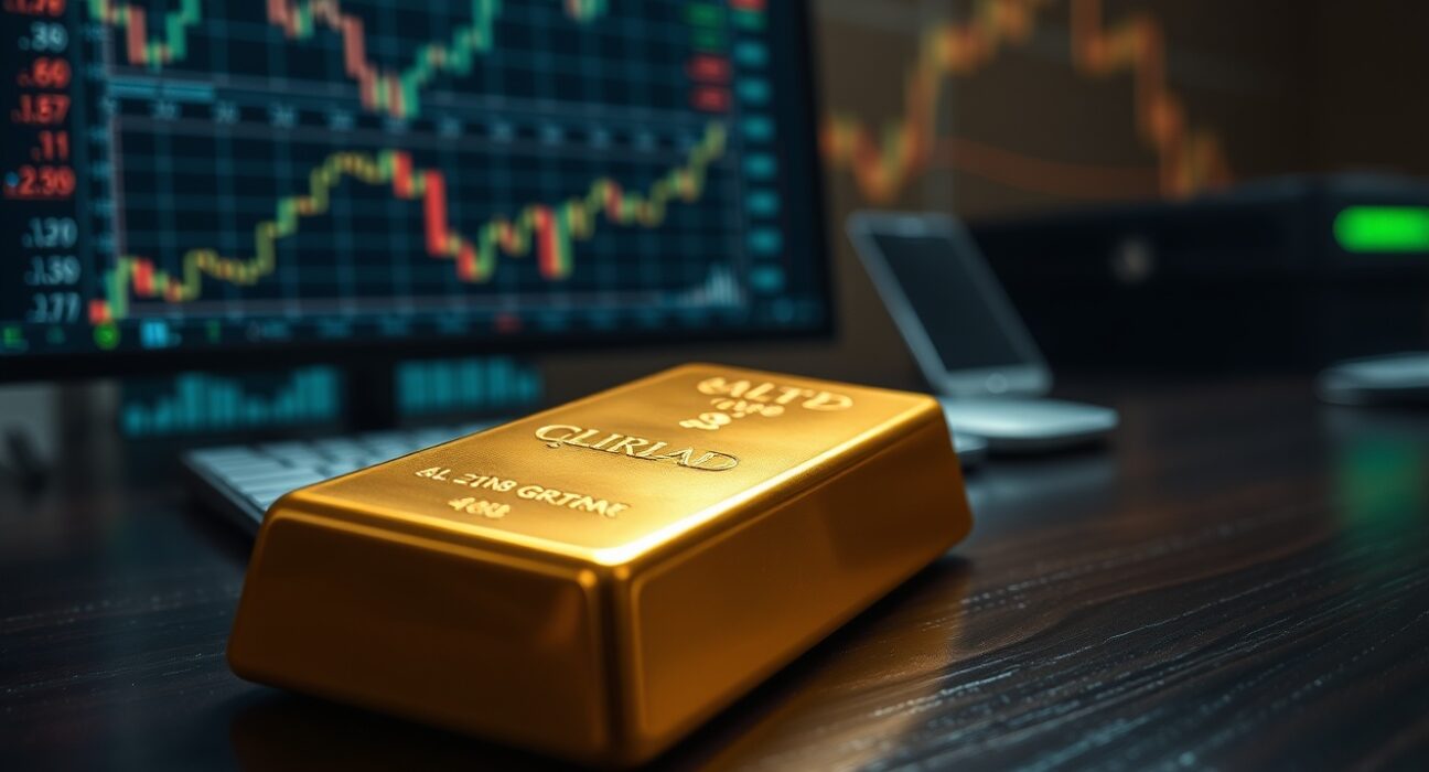 Gold bar on wooden surface with financial charts in background