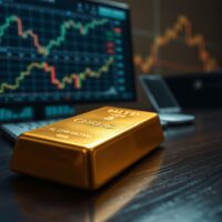 Gold bar on wooden surface with financial charts in background