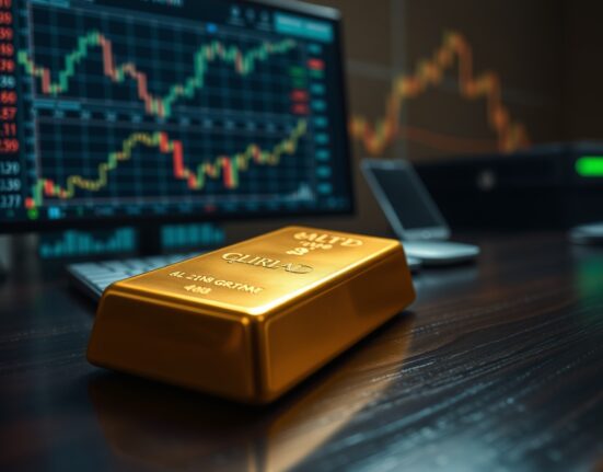 Gold bar on wooden surface with financial charts in background