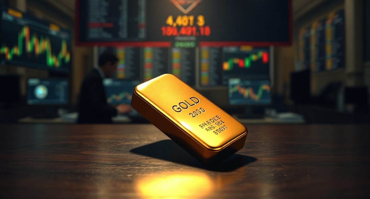 Gold bar on dark surface with blurred financial charts in background