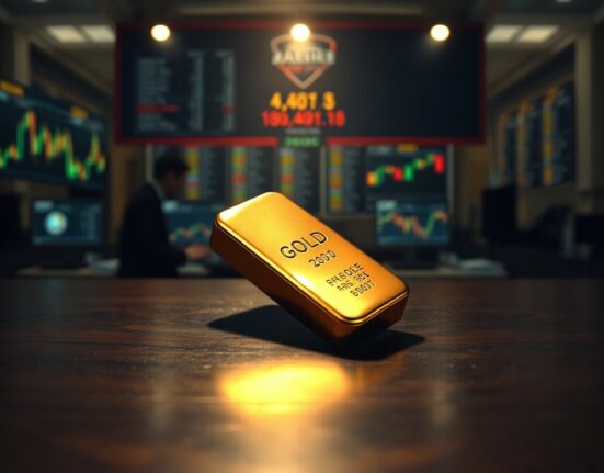 Gold bar on dark surface with blurred financial charts in background