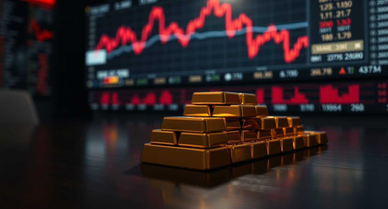 Gold bullion bars stacked on a table with blurred red market charts in background