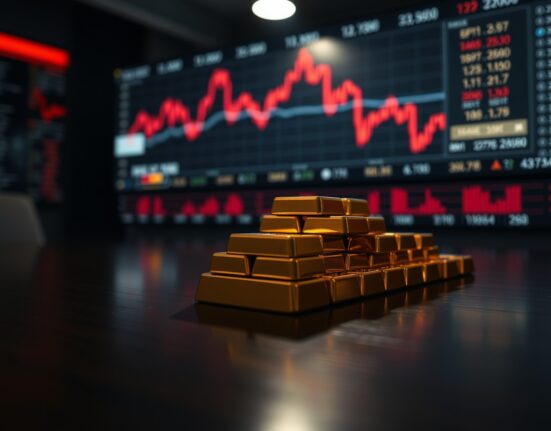 Gold bullion bars stacked on a table with blurred red market charts in background
