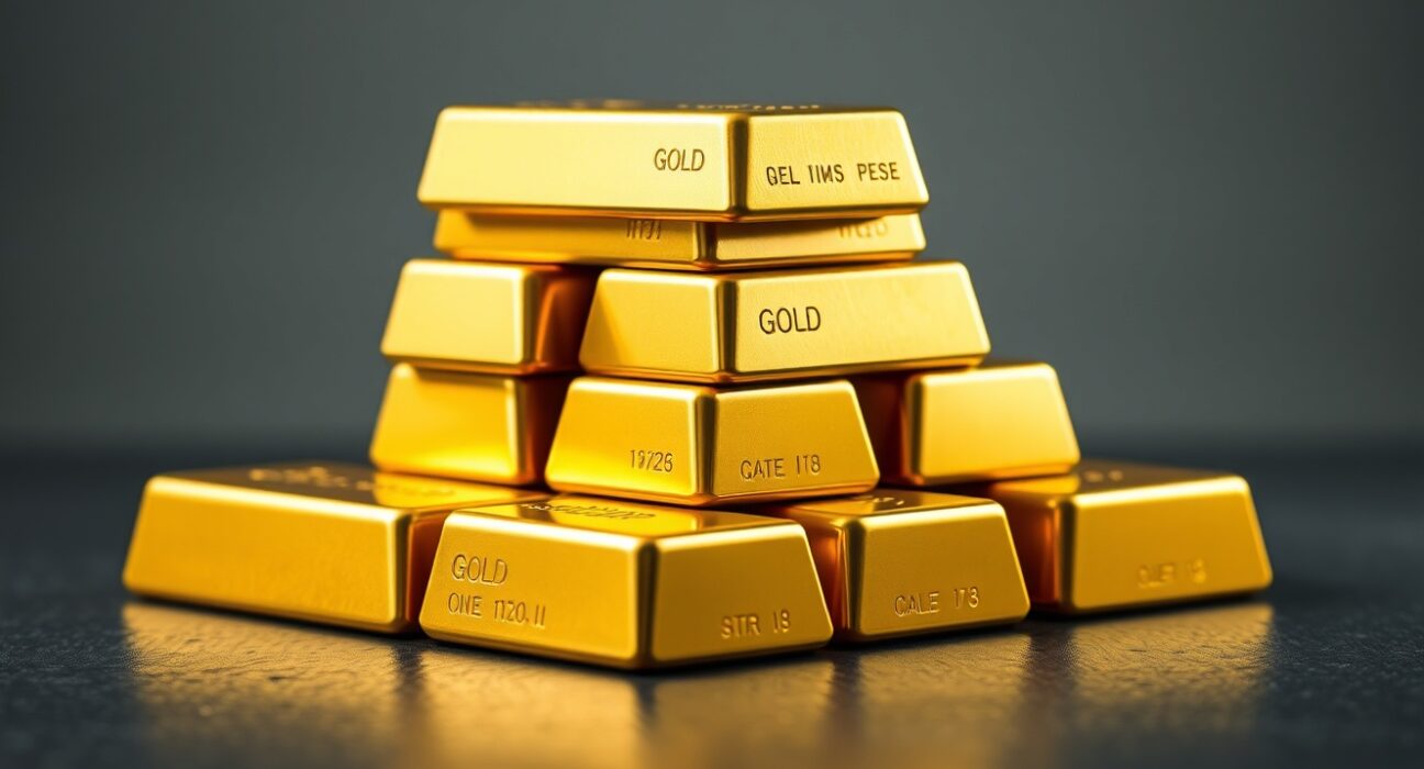 Stack of gold bullion bars reflecting light on a dark surface.