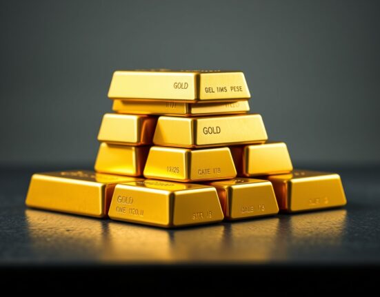 Stack of gold bullion bars reflecting light on a dark surface.