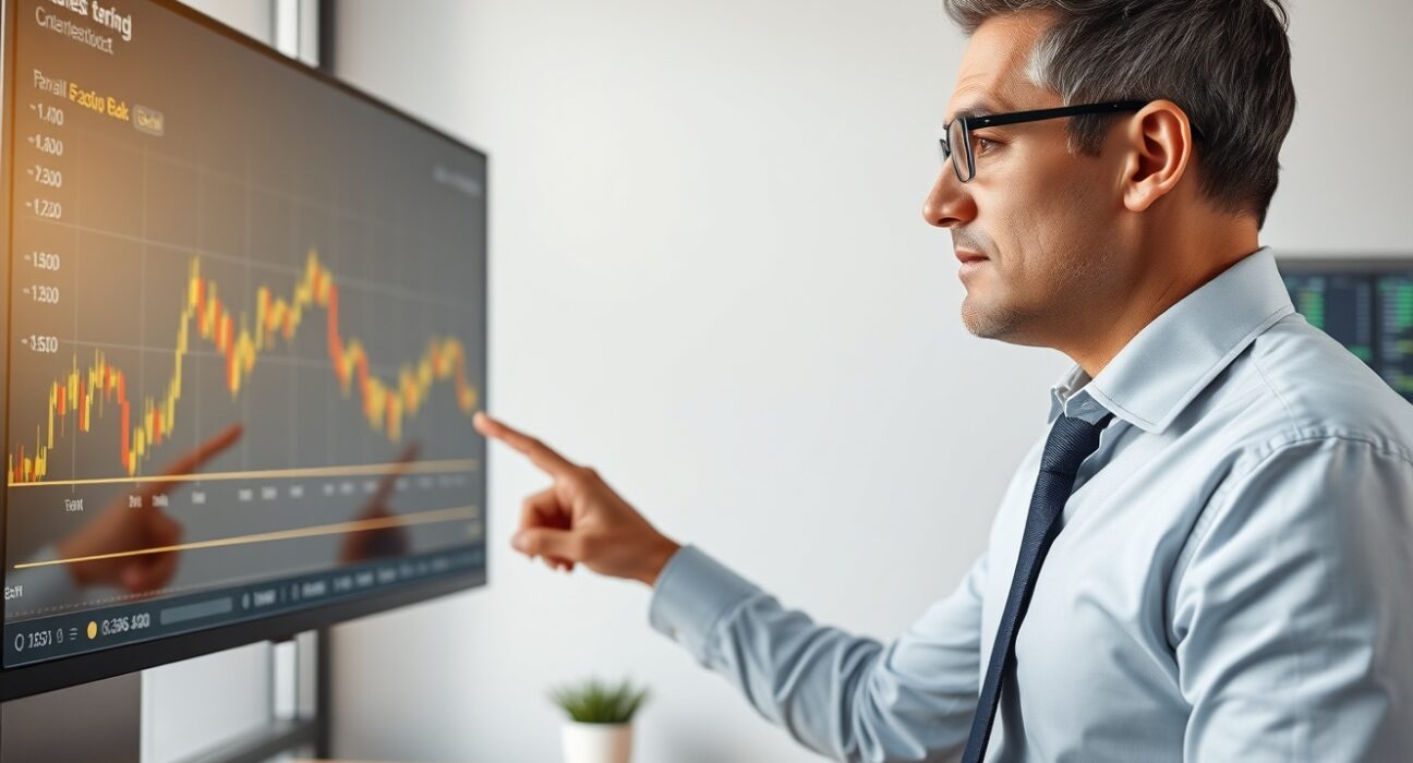 Analyst pointing at a gold price chart showing a sideways trend in a well-lit office.