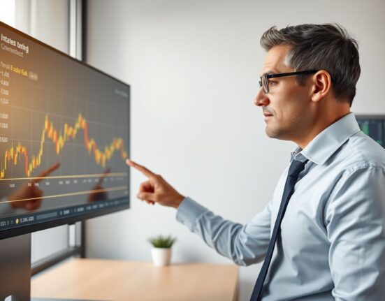 Analyst pointing at a gold price chart showing a sideways trend in a well-lit office.