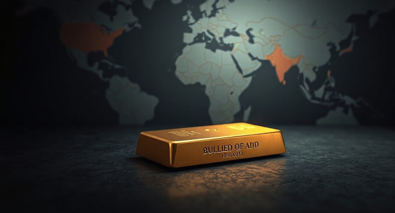 Gold bullion bar on dark surface with blurred map of Middle East in background