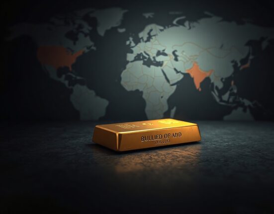 Gold bullion bar on dark surface with blurred map of Middle East in background