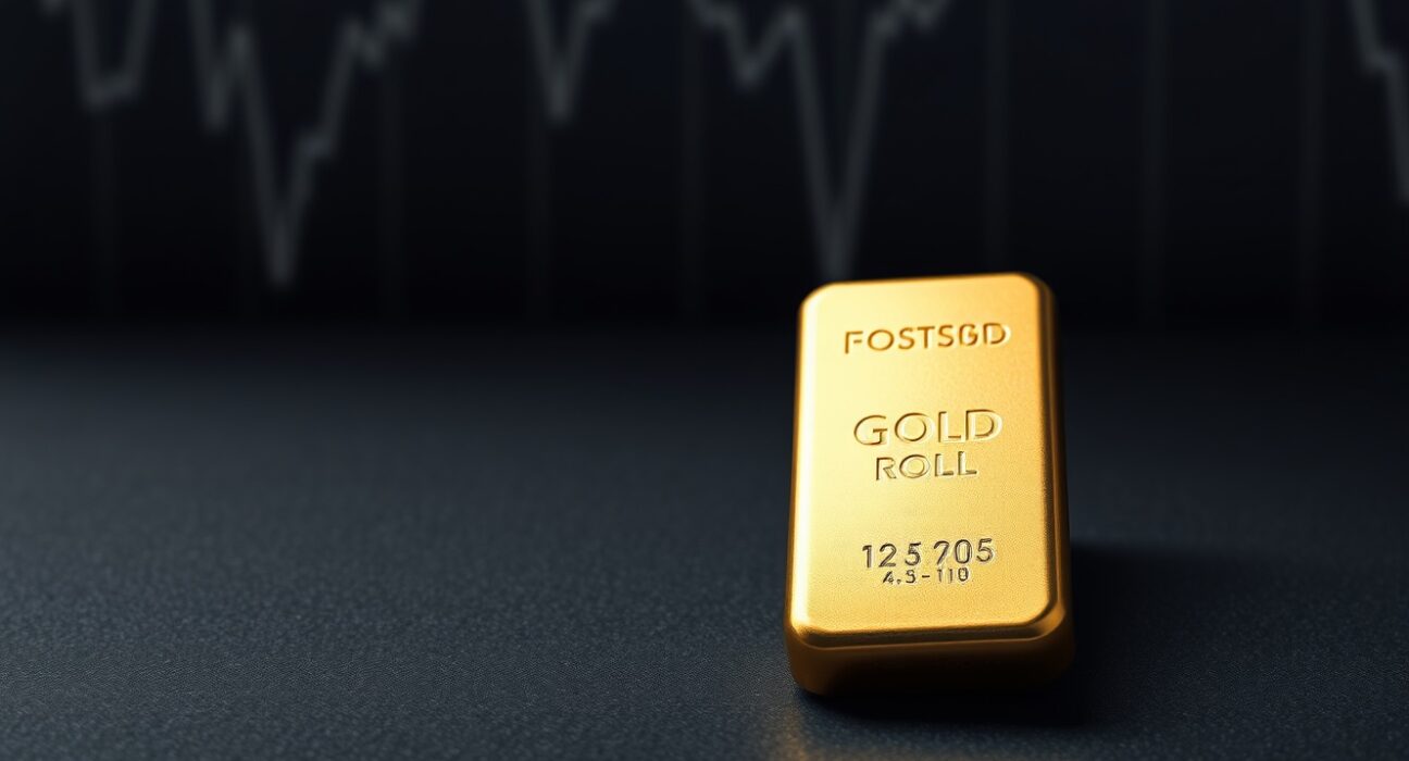 Gold bar resting on a dark surface with a blurred financial chart background, representing stalling prices amid inflation fears.