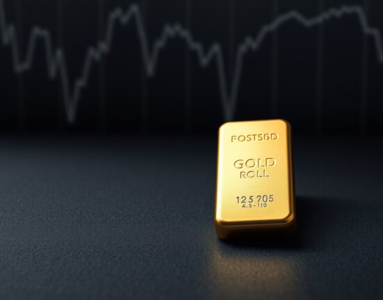 Gold bar resting on a dark surface with a blurred financial chart background, representing stalling prices amid inflation fears.
